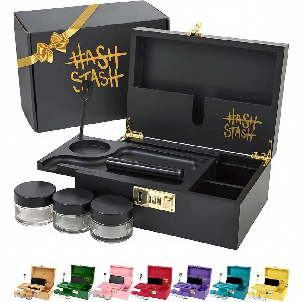 

Большая бамбуковая коробка с кодовым замком, магнитной крышкой, органайзером, герметичной тубой, 3 банками, декоративная деревянная коробка с замком