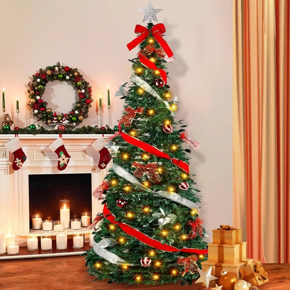 6 FT Pop Up Christmas Tree, Xmas Collapsible Tree with Christmas Ball Bows Ribbon Pull up