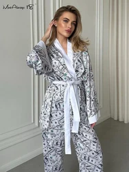 Mnealways18 Elegant Womens Satin Printing Sleepwear Outfits Robe Lace-Up And Wide Legs Pants Homewear Ladies Sets Autumn Winter