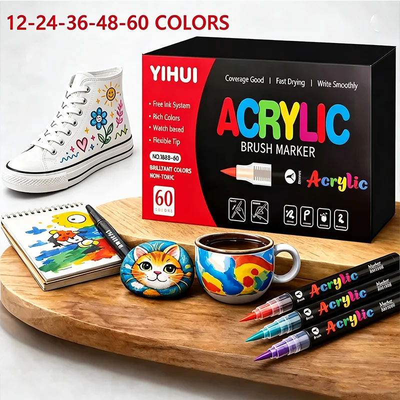 12-60 Colors Acrylic Paint Marker Set  Flowing Watercolor Nontoxic Soft-pointed Drawing Pen Rock Painting Wood Stone Art Gift