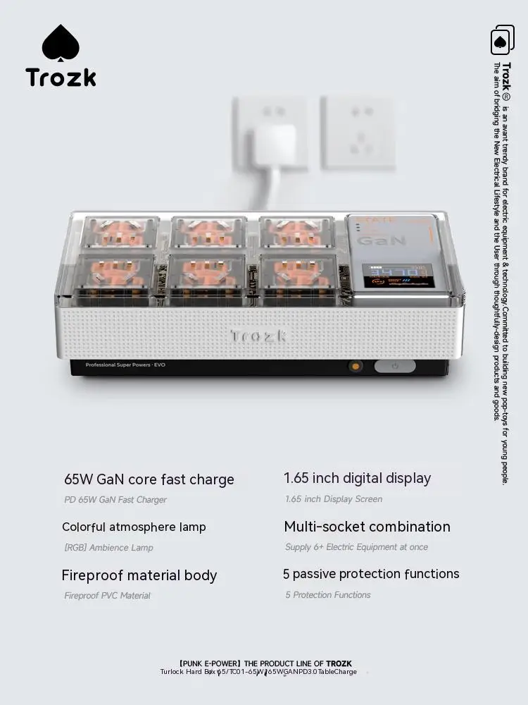 Trozk 65w Fast Charger Station Power Socket GaN LED Screen Battery Display RGB Electrical Socket PC Gamer Desktop Accessories