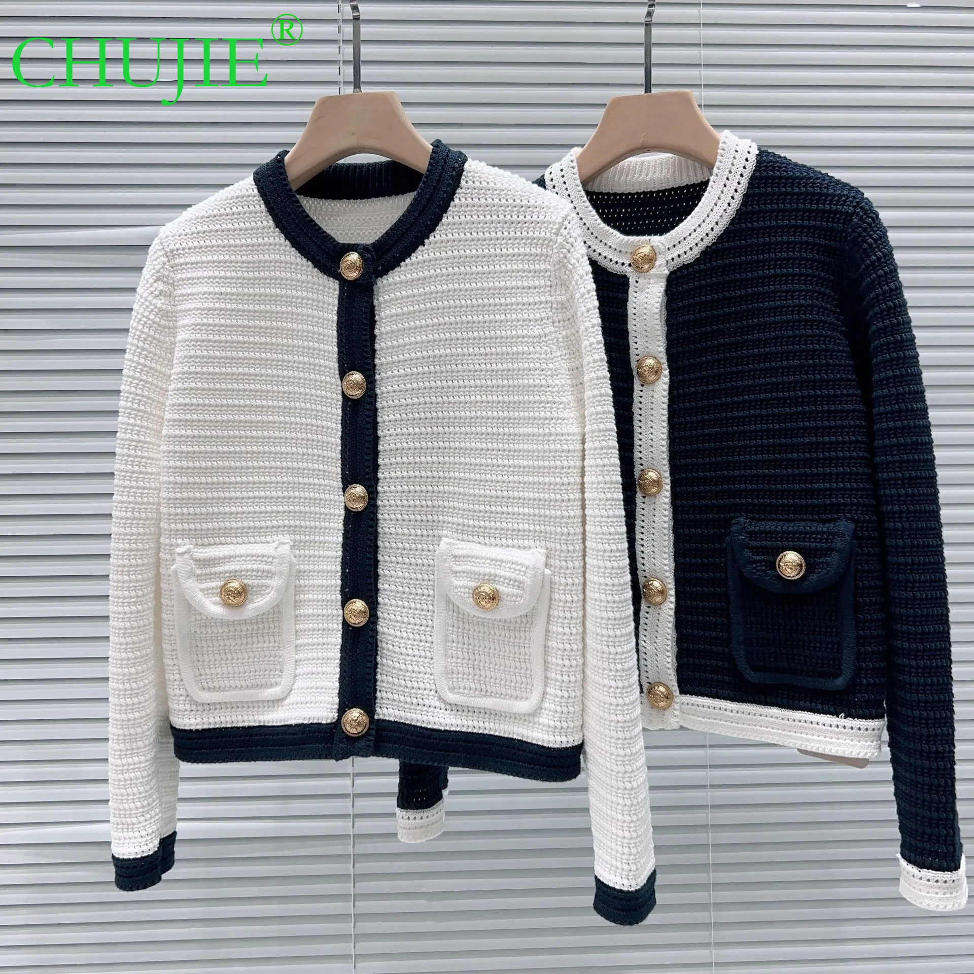 

CHUJIE 2022, осень-зима, новый модный универсальный короткий вязаный кардиган во французском стиле с круглым вырезом и металлическими пуговицами