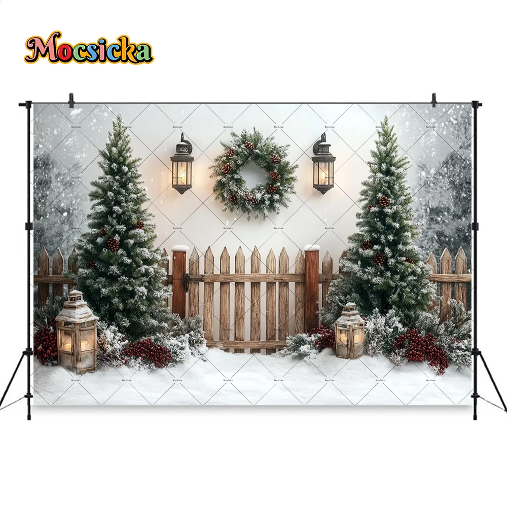 Christmas Snow Scenery Photography Background Xmas Tree Wreath Lantern Fence White Backdrop Kid Winter Outdoor Photoshoot Studio