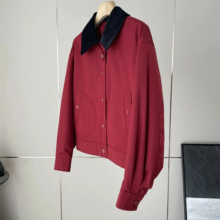 

Новогодняя красная хлопковая куртка в клетку с вельветовым воротником, из чистого хлопка, в повседневном стиле, с длинными рукавами