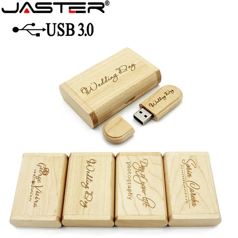 JASTER USB 3.0 high speed Wooden USB flash drive Maple wood+box pendrive 4GB 16GB 32GB 64GB memory stick gifts free custom logo