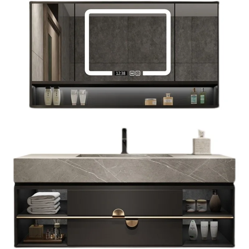Rock slab integrated basin, bathroom cabinet, modern simple solid wood wash basin combined bathroom, wash table set