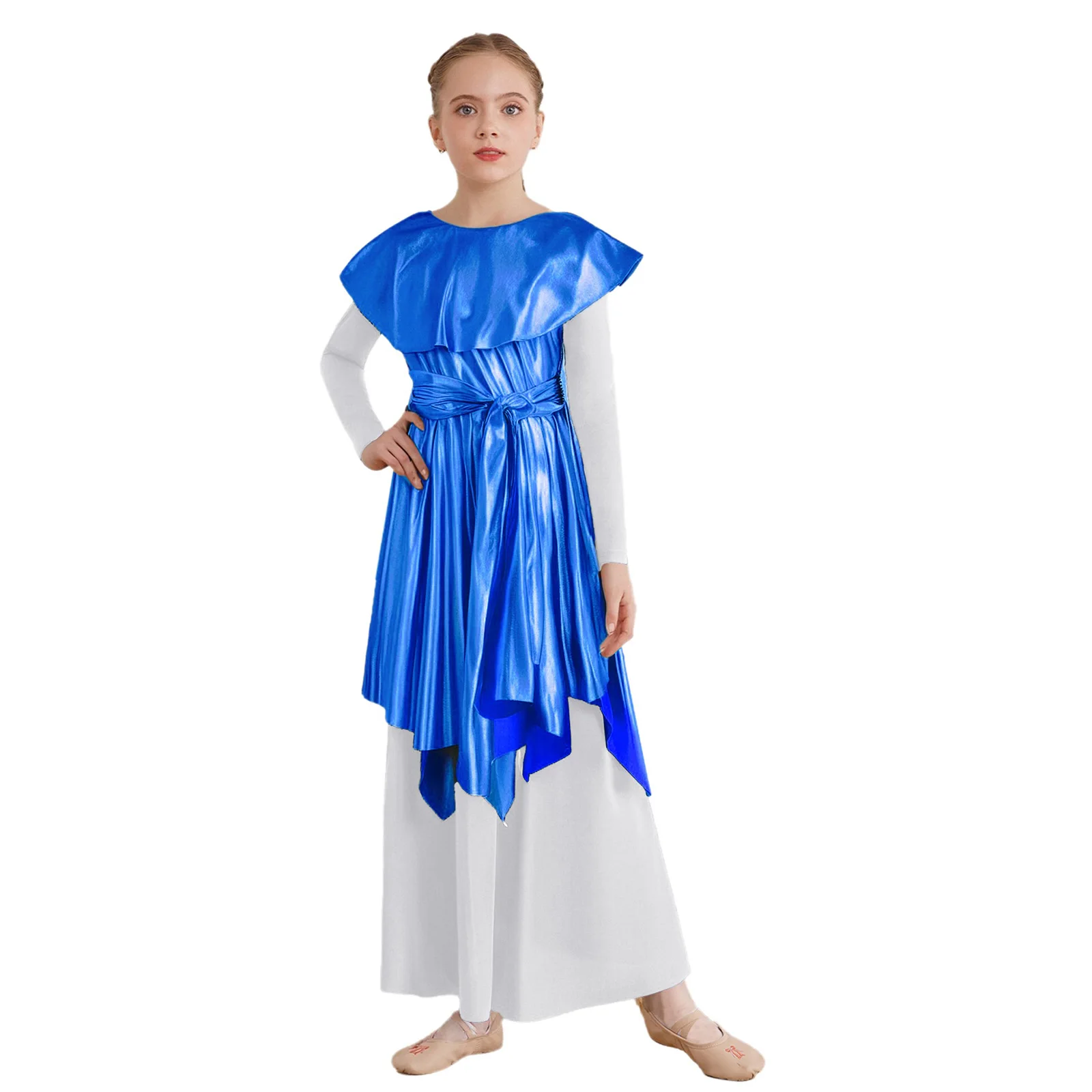 

Kids Girls Praise Dance Metallic Tunic Christmas Halloween Cosplay Theme Party Costume Asymmetrical Hem Belted Choir Dress