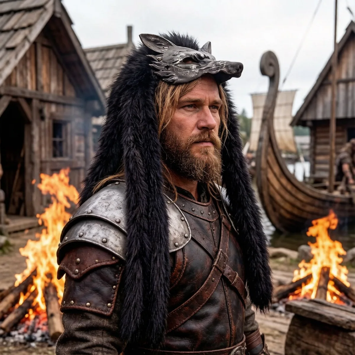 Viking-style wolf hair cap decoration costume for Halloween role-play with Nordic style mask view 3