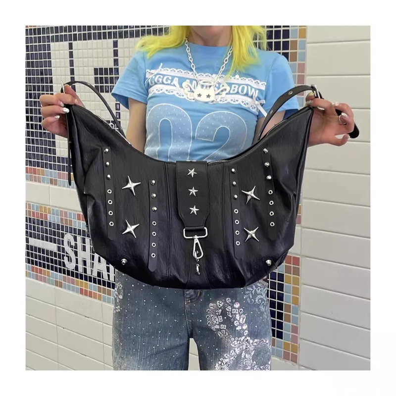 

Women Vintage Y2k Crossbody Bag Pu Leather Grunge Black Shoulder Bags Large Capacity Fashion Design Rivet Star Handbag 2025 New