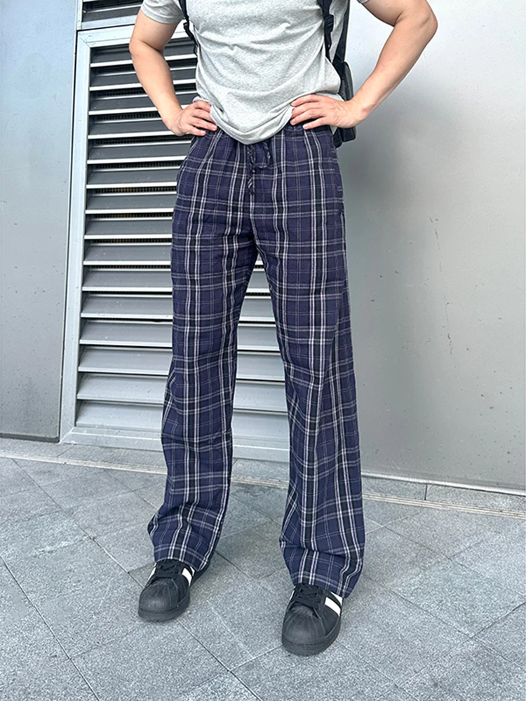 

Легкие синие мужские летние спортивные брюки в клетку, прямые брюки в стиле ретро, удлиняющие микро расклешенные брюки, повседневные свободные брюки