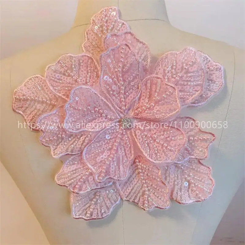 24CMX21CM, 22 Farben. Mehrschichtige bestickte, perlenbesetzte Pailletten-Großblumen, DIY-Kleidung, Mantel-Brustblume, Dekorations-Applikation. – Detail 7