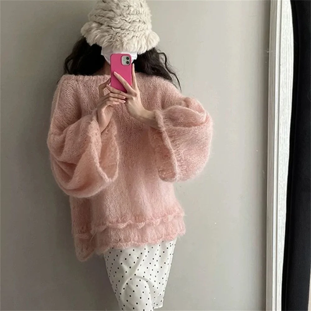 

Elegant French Style Pullover Sweaters Women Pink Vintage Knitted Pullover Female 2025 Autumn Winter Casual Sweet Sweater Tops