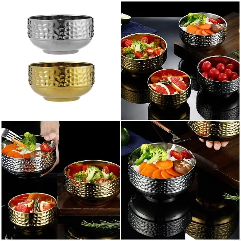 Double Wall Golden/Silver Tableware Bowl Textured For Secure Handling Hot Dishes Y5GB