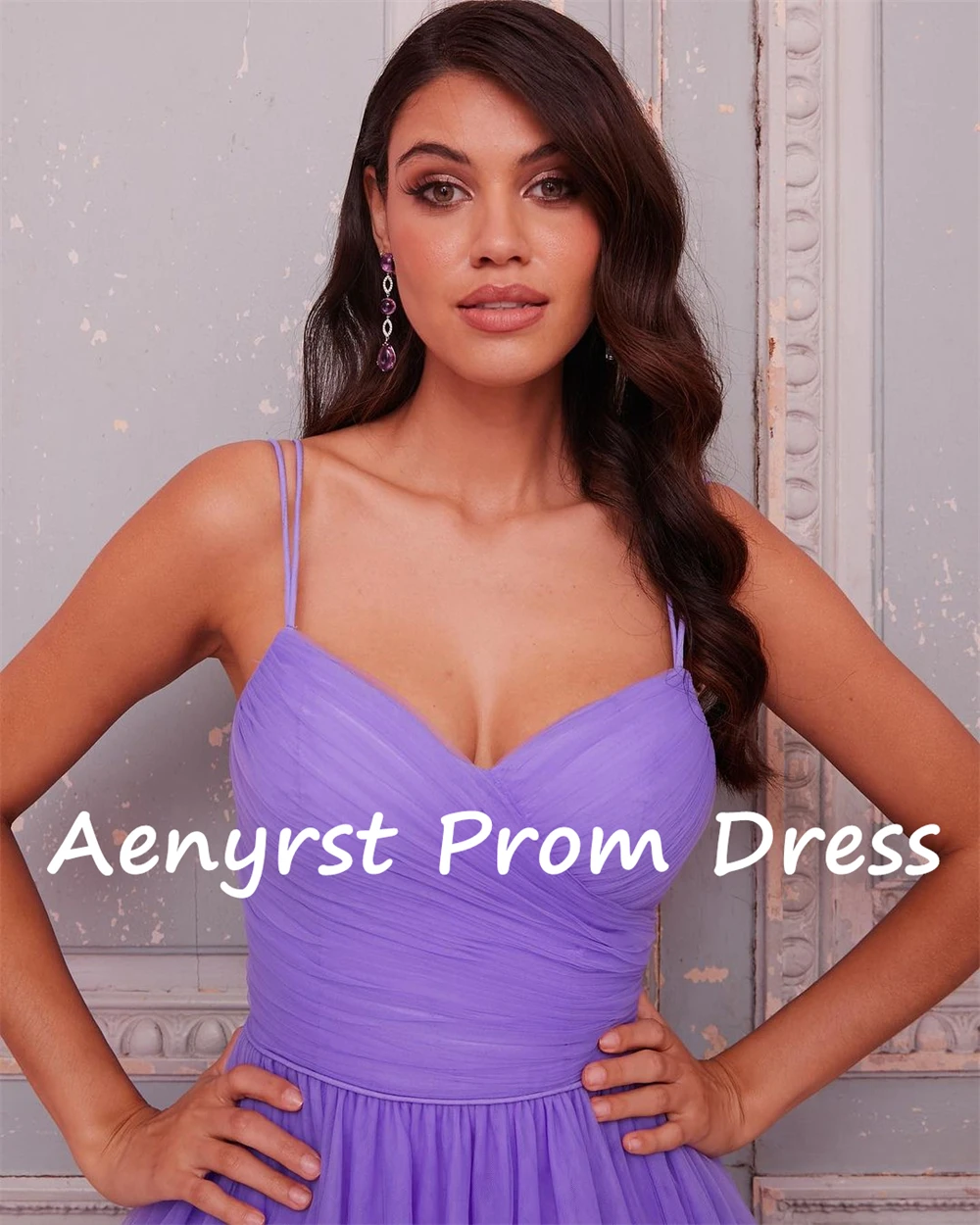 Aenyrst Purple Spaghetti Strap A Line Prom Dresses Tulle Sweetheart Back Lace Up Evening Gowns Floor Length Brithday Party Dress