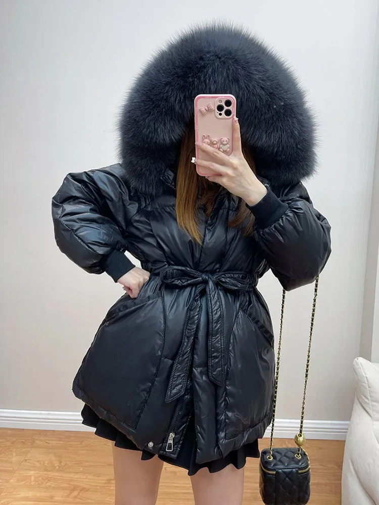 ew Winter Thick Warm Short Jacket Women Big Faux Fur Collar Hooded Parkas 90% White Duck Down Coat Lace-up Outwear