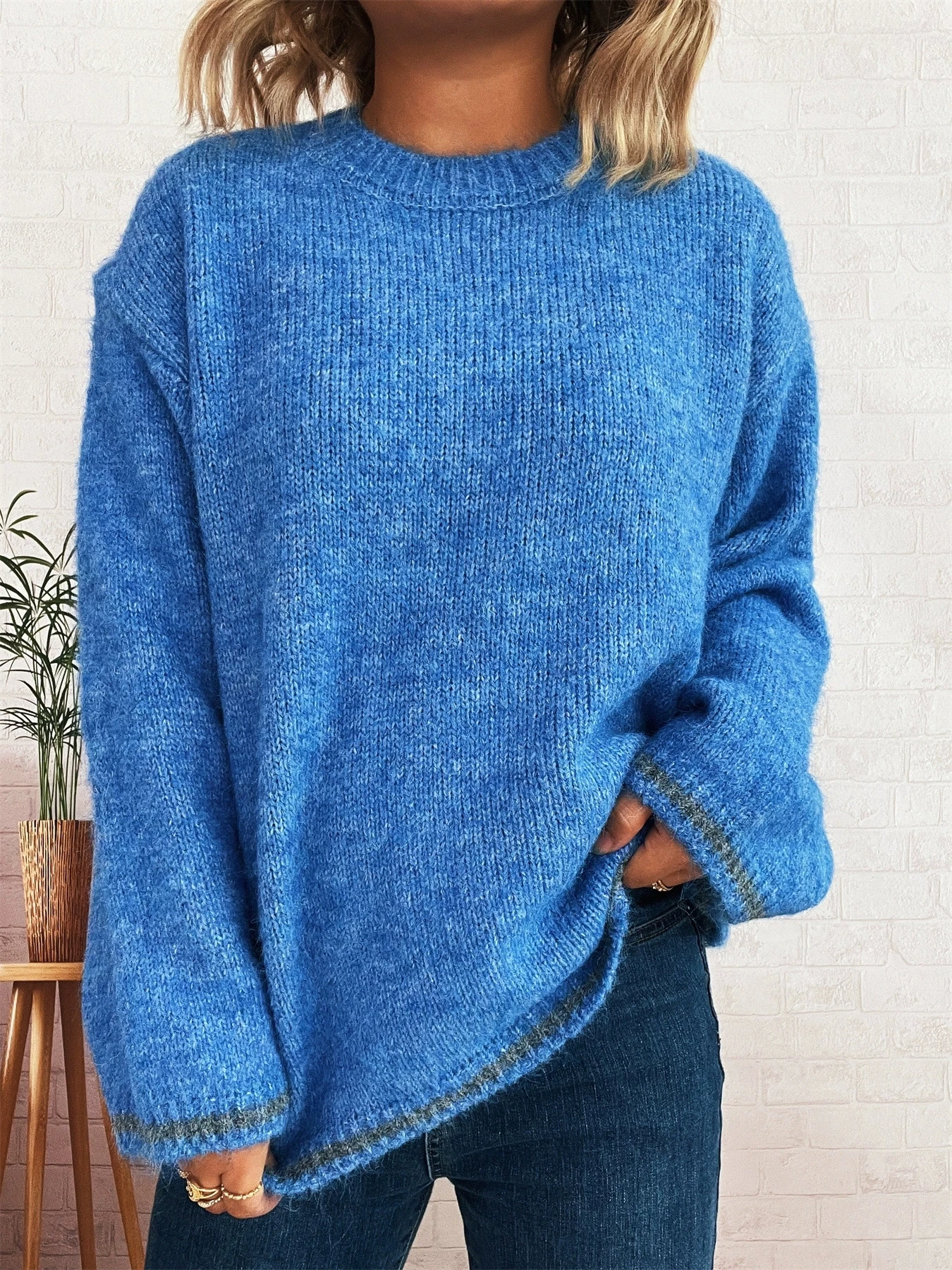 

Осенне-зимний повседневный вязаный свитер с контрастными полосками и круглым вырезом, свободный свитер с длинными рукавами для женщин