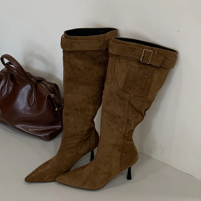 

Eilyken/женские сапоги до колена в стиле панк с пряжкой и острым носком, пикантные туфли до колена в уличном стиле на тонком высоком каблуке, банкетная обувь для вечеринок