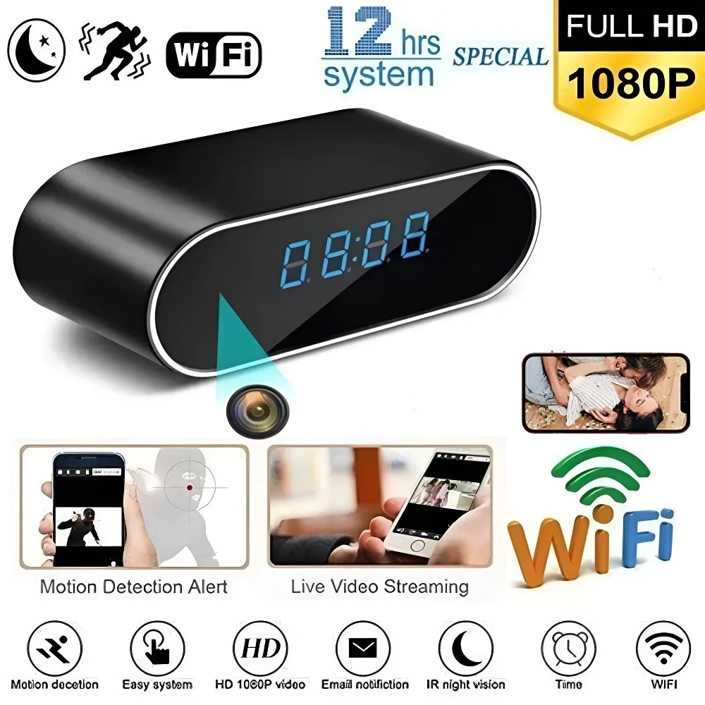 

2025 1080P Full HD Mini Alarm Clock Night Vision Infrared Camera, Home Security Monitoring Supports WiFi Remote App Control