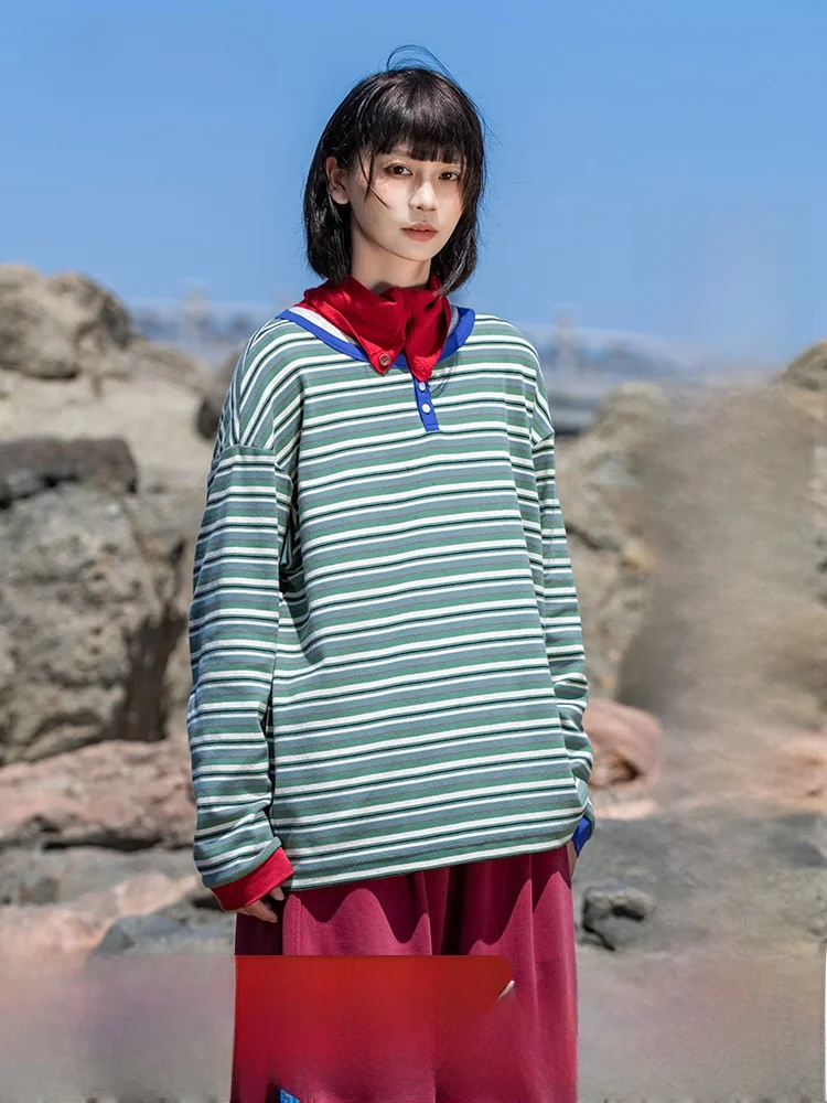 

Базовая полосатая футболка с длинным рукавом в стиле колор-блок для женщин, в японском ретро-стиле, для повседневной носки