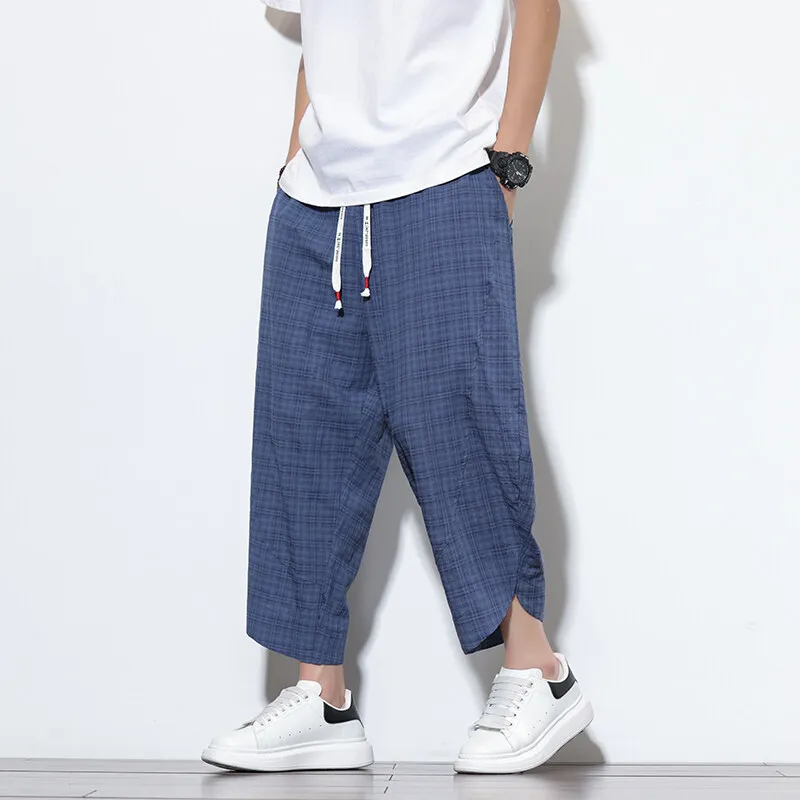 

Summer Men Cotton Linen Harem Pants Men Casual Hip Hop Trousers Cross Bloomers Calf-Length Pants Joggers Streetwear Plaid Pants