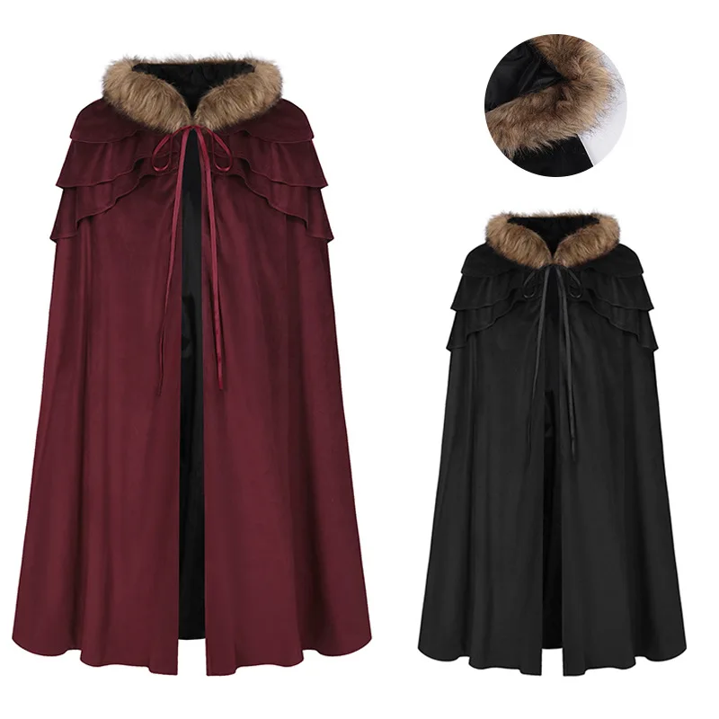 Mantello da donna gotico di alta qualità Costume di Halloween mantello da uomo medievale con collo di pelliccia invernale Larp Viking Cosplay Cape