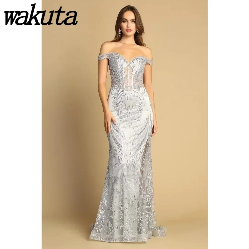 

Wakuta Long Mermaid Sequin Prom Dresses for Women Off the Shoulder Formal Evening Party Gowns Cocktail Dresses robes de bal