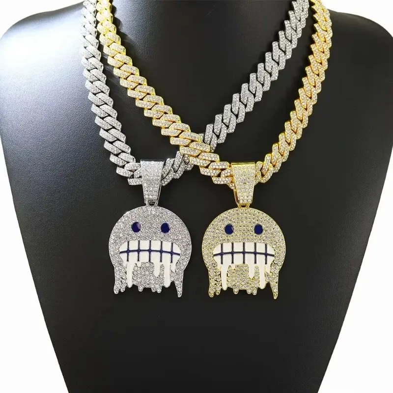 Men White Blue Cubic Zirconia Paved Hip Hop Round Face Pendants Necklaces with Cuban Chain Iced Out Bling CZ Fashion Boy Jewelry