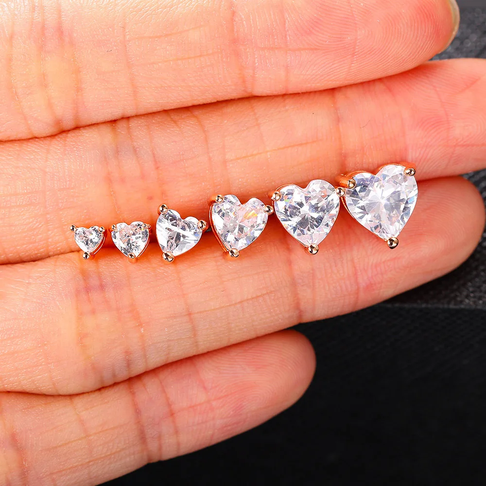 Various Sizes Crystals Earrings For Women Heart Clear Zircon Stud Earring for Female Male Ear Accessories Earing Jewellry E342