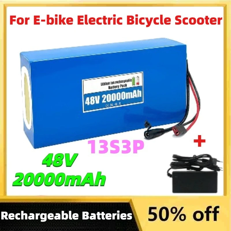 

13S3P 48 В, 20000 мАч, 18650, литий-ионный аккумулятор со встроенным BMS + зарядное устройство 54,6 В, 2 А для электрического велосипедного скутера