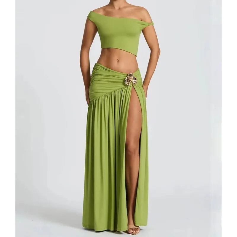 Women Skew Collar Crop Top Split Skirt Backless Pleated 2 Piece Set
