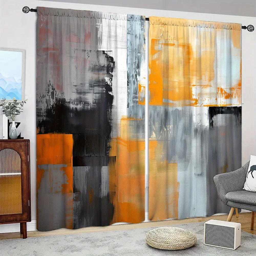 2pcs Art Orange Printed Curtain for Home Decor - Rod Pocket Window Treatment for Bedroom, Office, Kitchen and Living Room