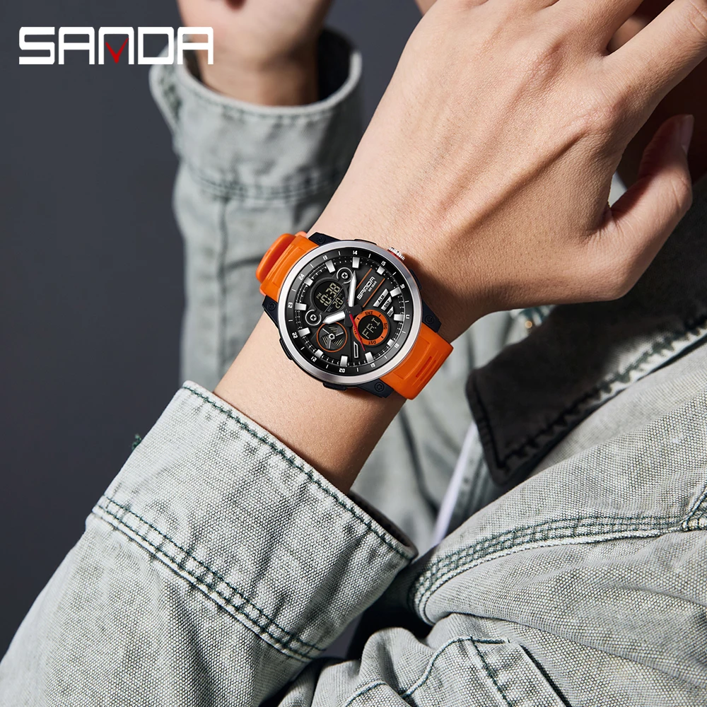 SANDA 3379 ساعة إلكترونية عصرية للرجال شاشة مزدوجة رياضية نوع متعدد الوظائف مقاوم للماء تقويم ساعة إلكترونية للرجال