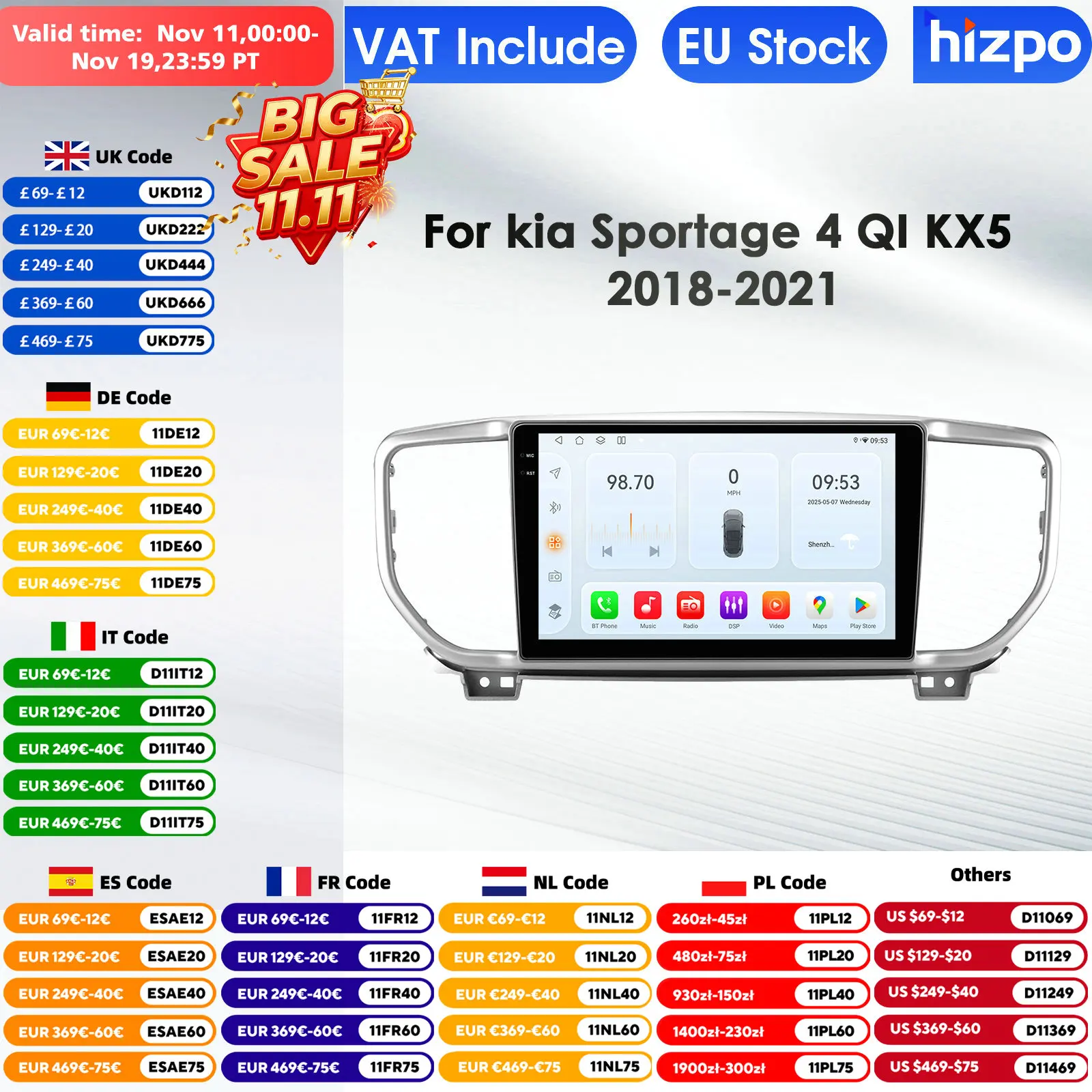 Hizpo 2 Din Radio de coche para KIA Sportage 4 2016-2021 reproductor Multimedia de Audio CarPlay Android Auto GPS BT WIFI FM RDS Autoradio AI
