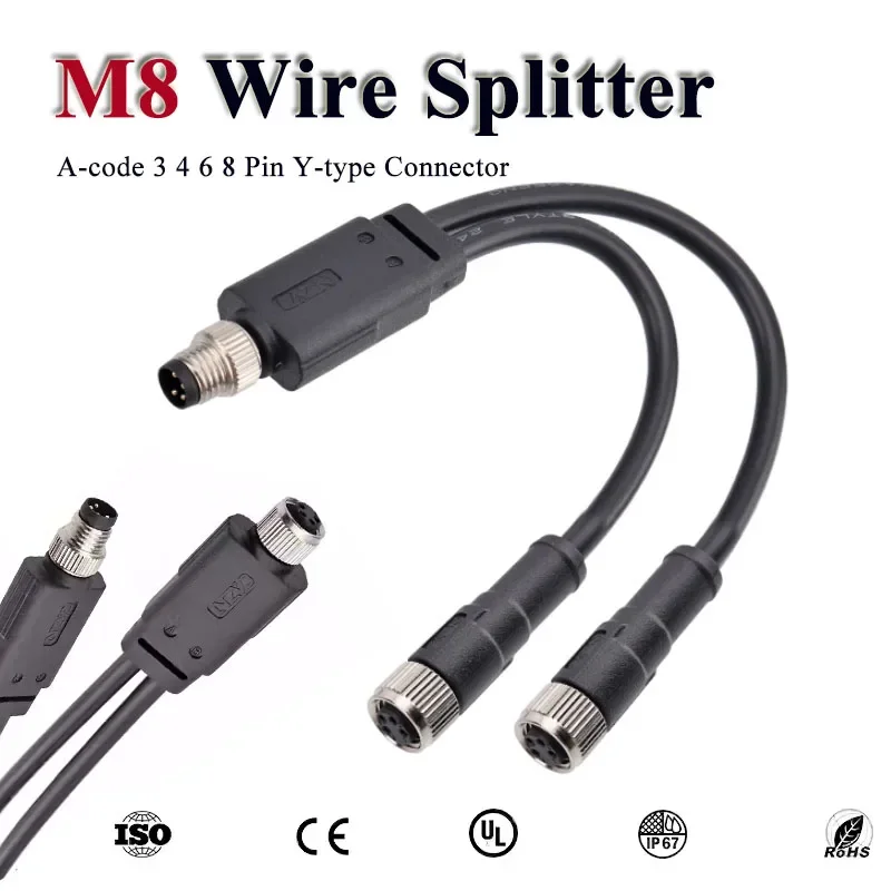 M8 3 4 5 6 8Pin Y-type Wire Splitter Plug Sensor 1 to 2 A-code Connector Cable with Male Female Heads Threaded Plug Adapter Wire