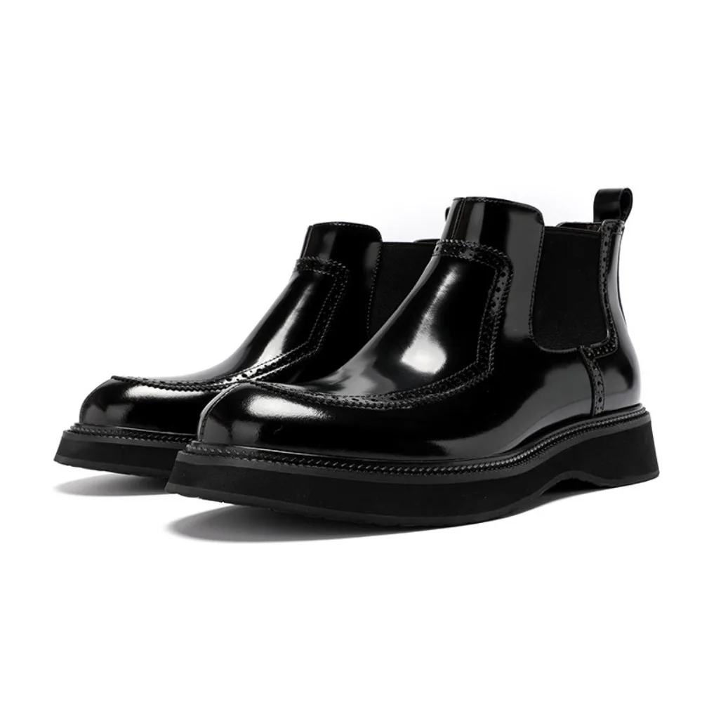 New Premium Mens Boots Wear Glossy Genuine Leather Ankle Boots British Style Casual High Top Thick Sole Height Increasing Shoes