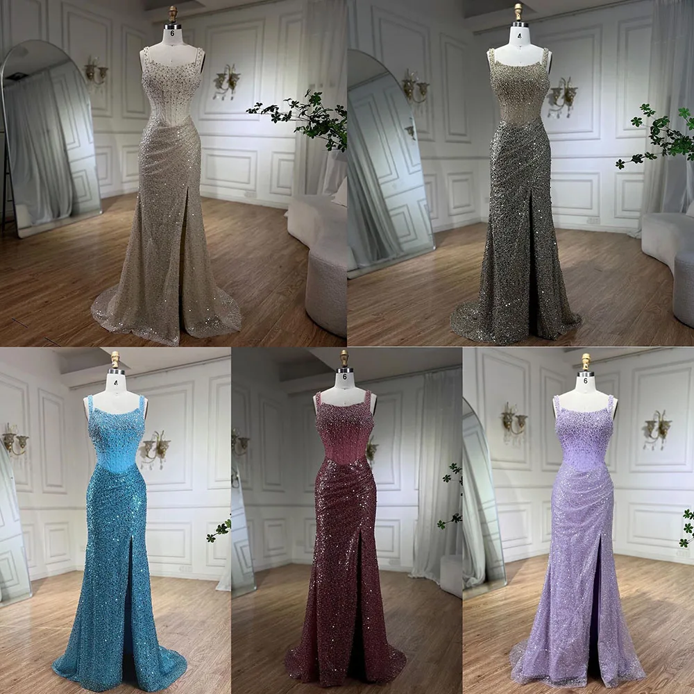 Serene Hill Beige Mermaid Floor Length Evening Gowns  Beaded Crystal Spaghetti Strap Party Drsses For  2024 LA72163 Customized