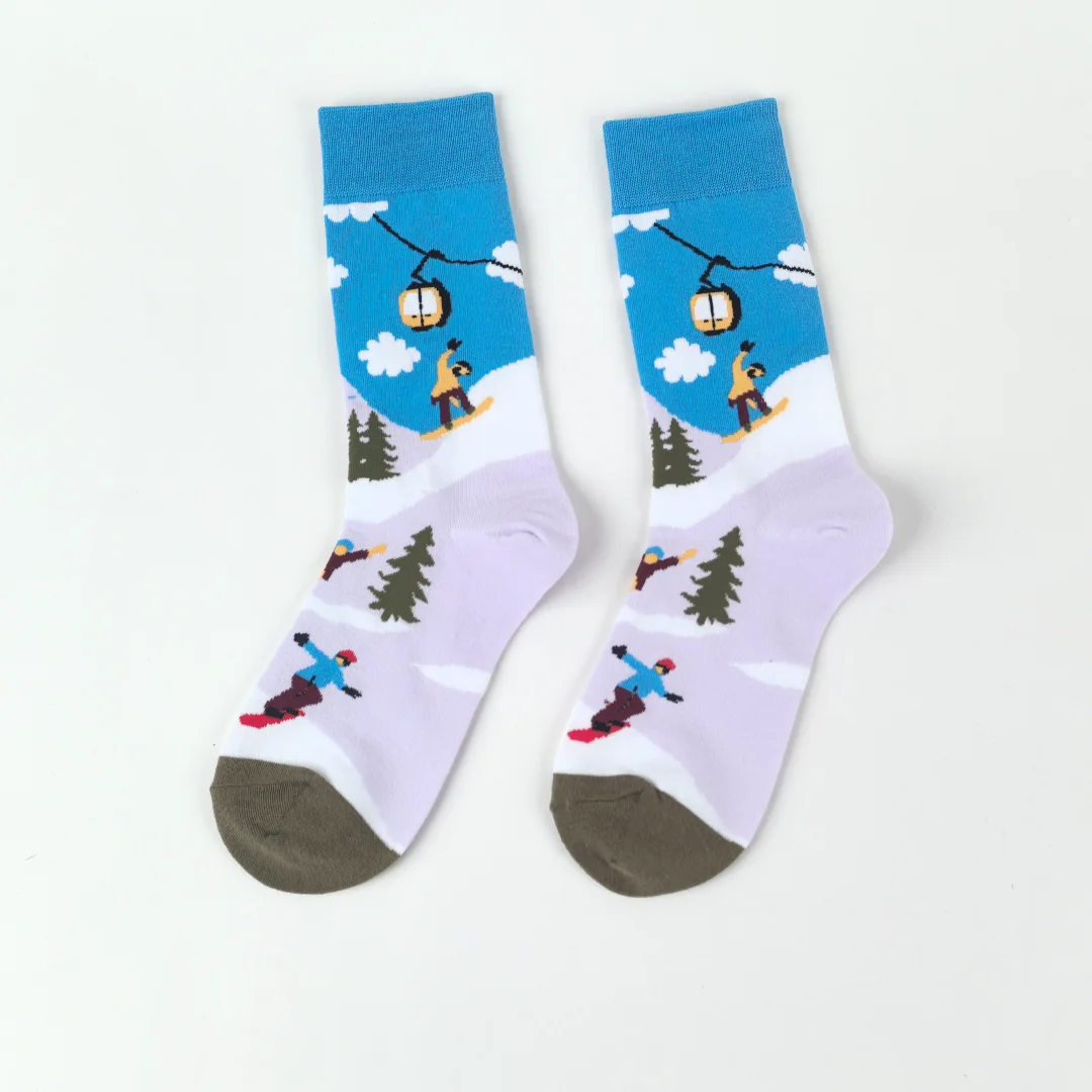 زوج واحد من الجوارب الشتوية منقوشة لمنتصف الساق للتزلج على شكل عالم الثلج، قماش متماسك، جوارب مريحة للجنسين