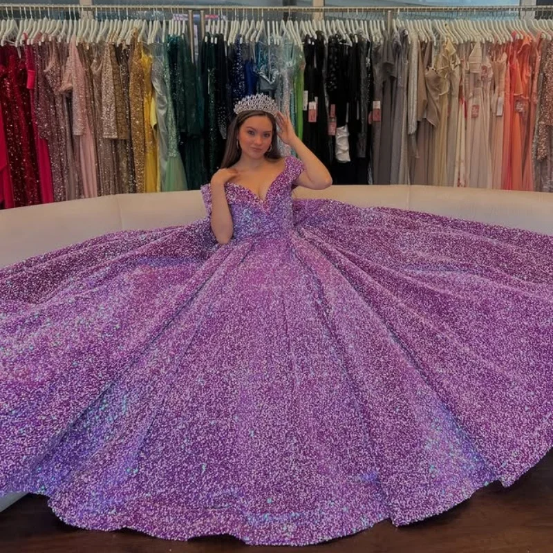 

Customized Shiny Purple Quinceanera Dress applique V-neck crystal vestidos de 15 Quinceanera