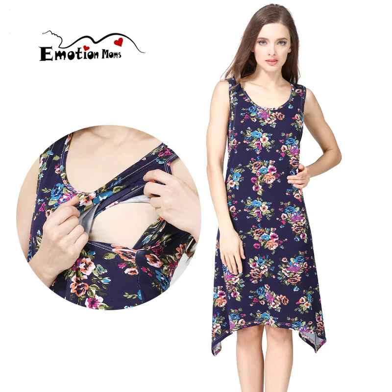 Side Lift Up Maternity Nursing Dress U Neck Sleeveless Floral Print Irregular Hanky Hem Plus Size Pregnancy Midi Dress