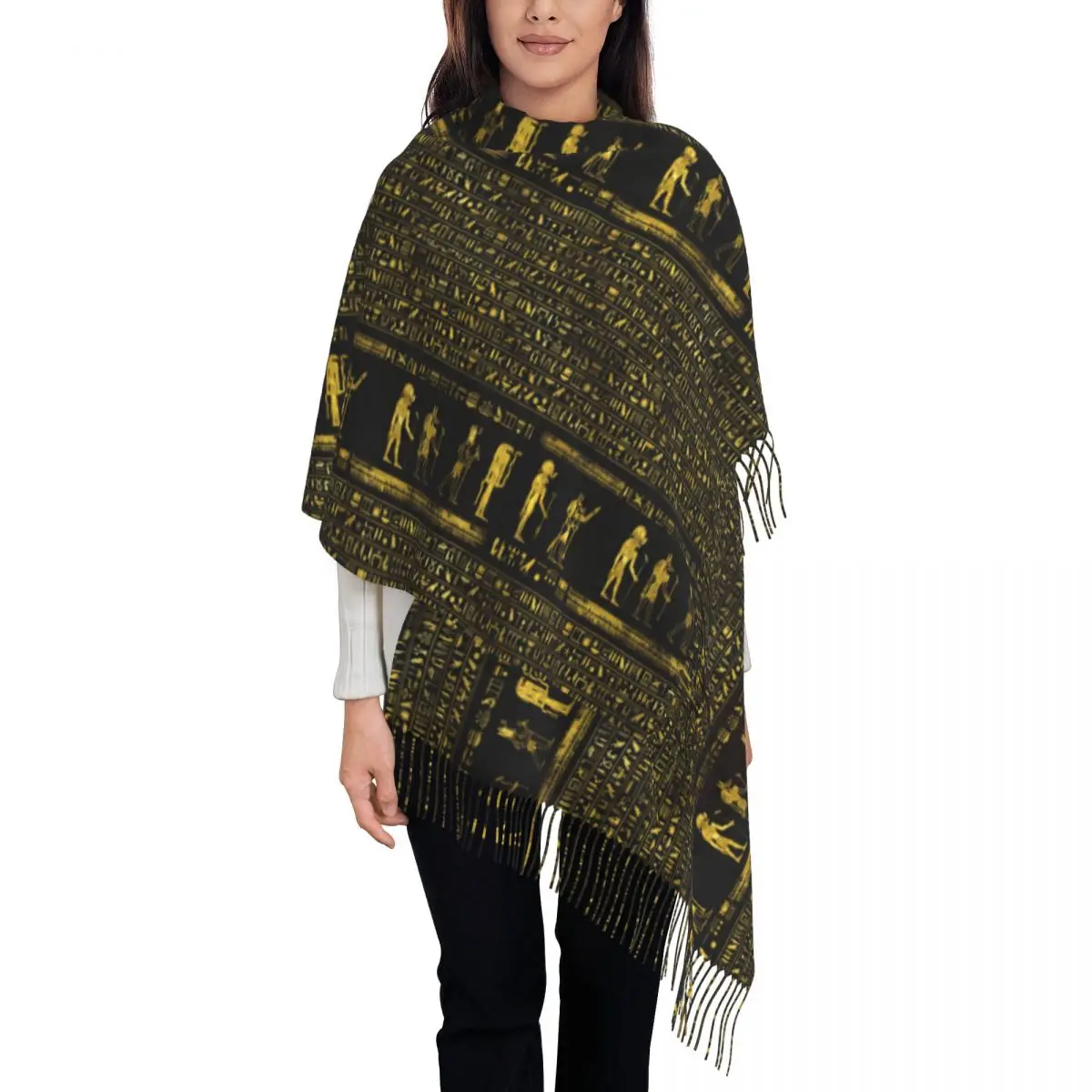 Lady Long Golden Egyptian Gods Hieroglyphics Scarves Women Winter Fall Thick Warm Tassel Shawl Wraps Ancient Egypt Symbol Scarf