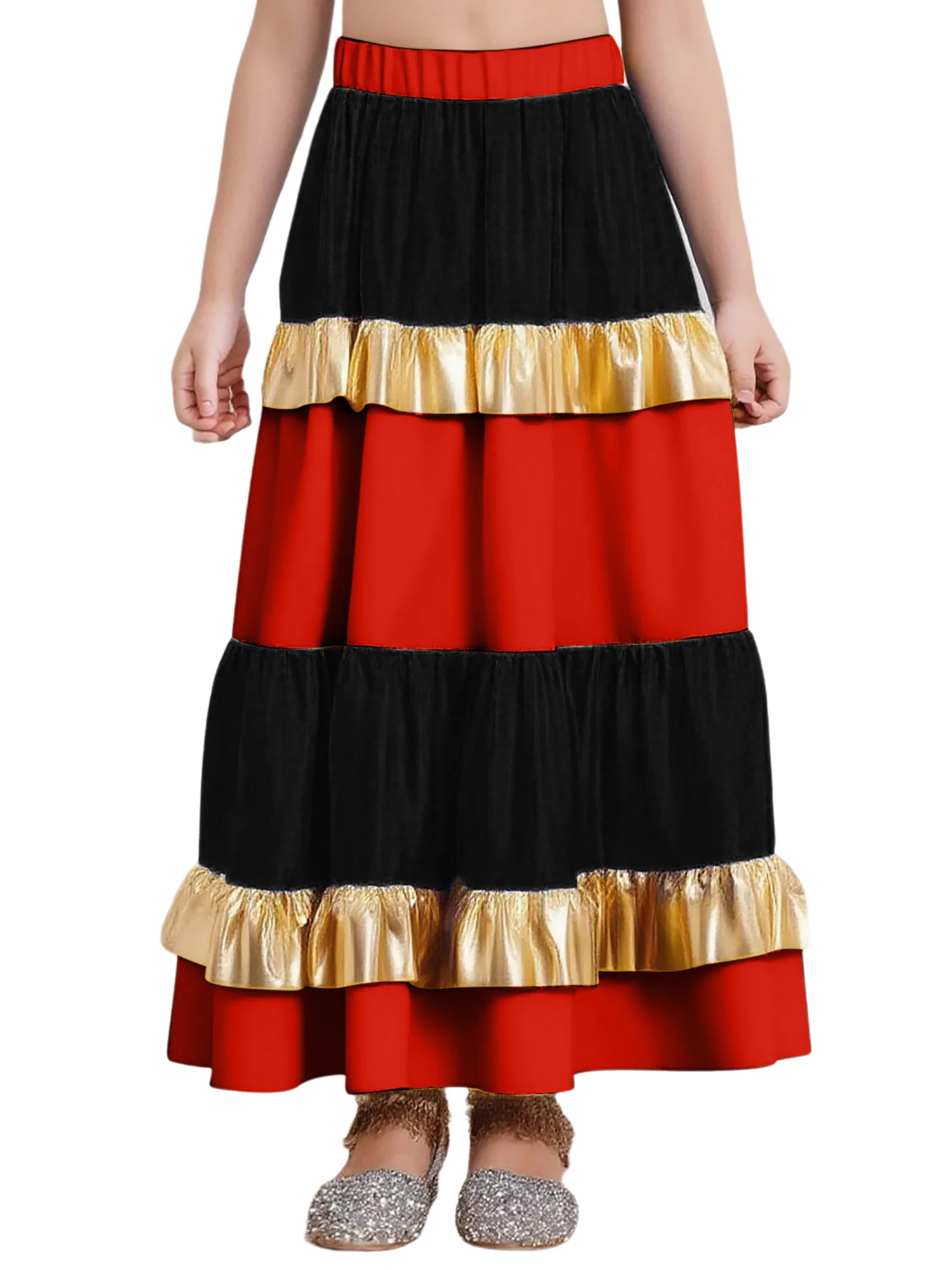Eleganter Flamenco-Tanzrock für Mädchen mit gestuftem Rüschen-Design und elastischem Bund, perfekt für das spanische Bühnenaufführungs-Outfit