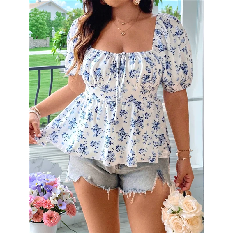 Blusa floral para mujer Boho fruncido cuello cuadrado Puff manga corta camisa de vacaciones Peplum Tops