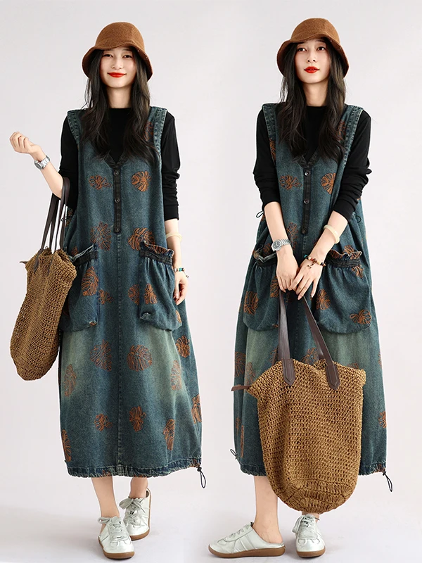 Retro Floral Sleeveless Denim Vest Dress Women's Loose plus Size Slimming Midi Print Dress Autumn 2026 Citywalk Straight Cut