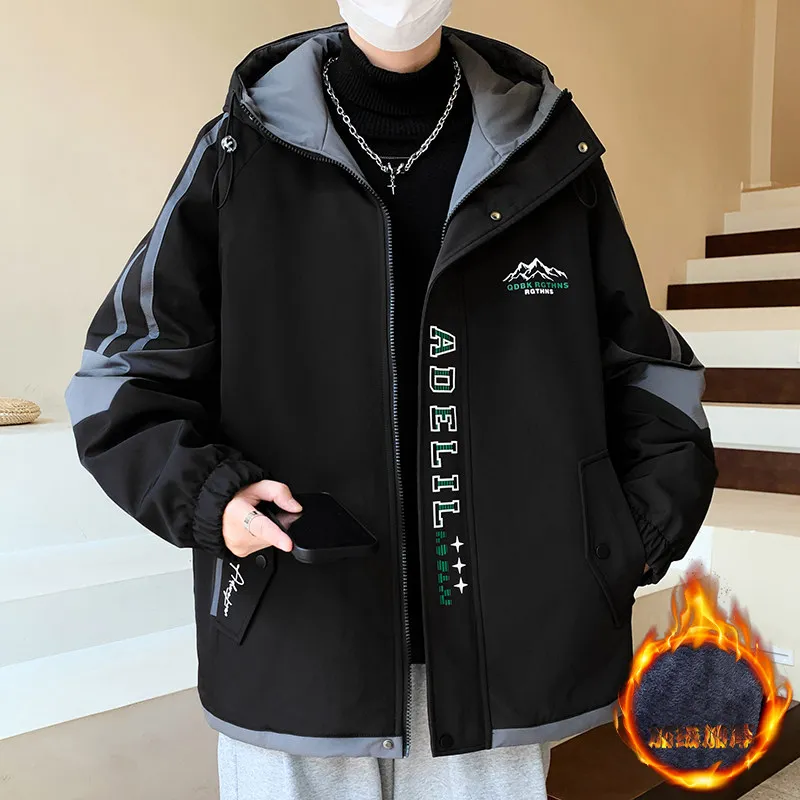 

Утепленная флисовая куртка для мужчин, повседневная свободная куртка с капюшоном, модная молодежная верхняя одежда из полиэфирного волокна с длинными рукавами на молнии...
