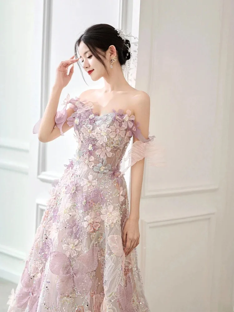 Тяжелая работа, свадебное платье, фиолетовое вечернее платье с цветочным принтом, длинная юбка трапециевидной формы для невесты, свадебного торжества