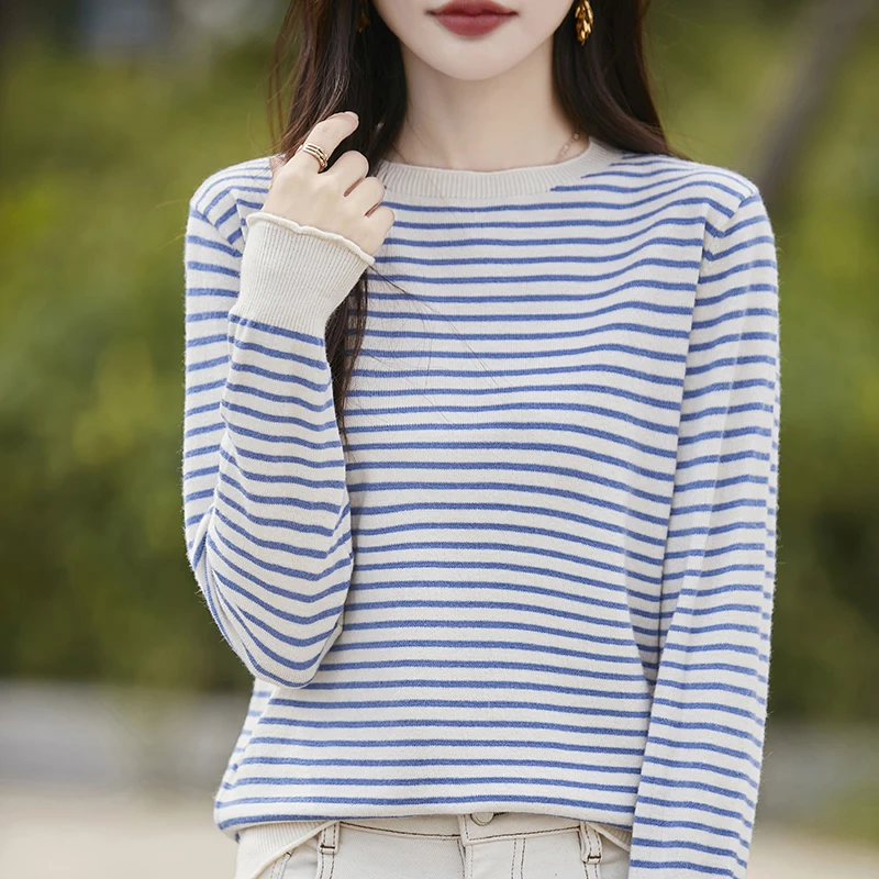 

Женский свитер, пуловер с длинным рукавом и круглым вырезом, осень-зима, теплые полосатые рубашки, свободные корейские модные вязаные свитера
