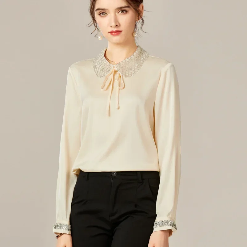 

1PC Women shirt shirts tops long sleeve beading collar bow spangle cuff 95% real mulberry silk 5% spandex solid S-630