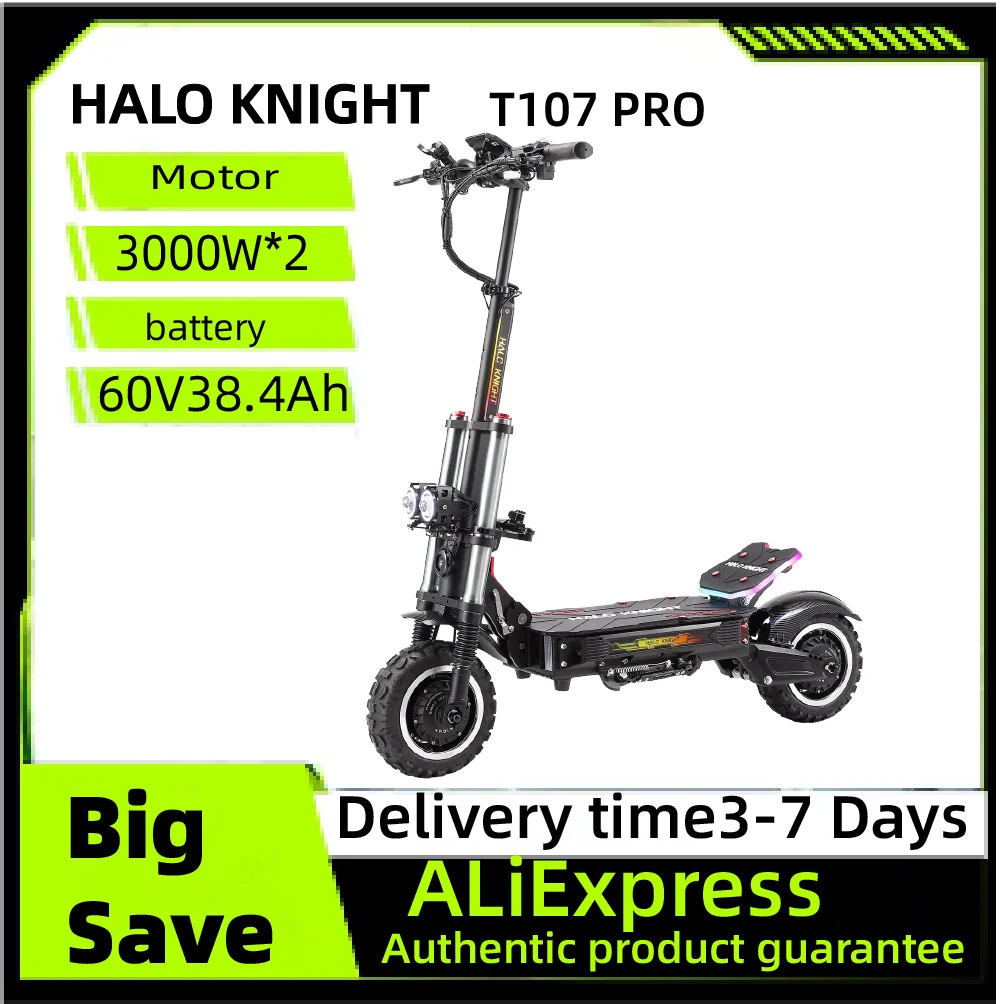 

HALO KNIGHT T107 PRO 3000W*2 motor Electric Scooter 60V38.4AH Battery Adult Foldable Escooter 11-inch Off Road Tires Scooter