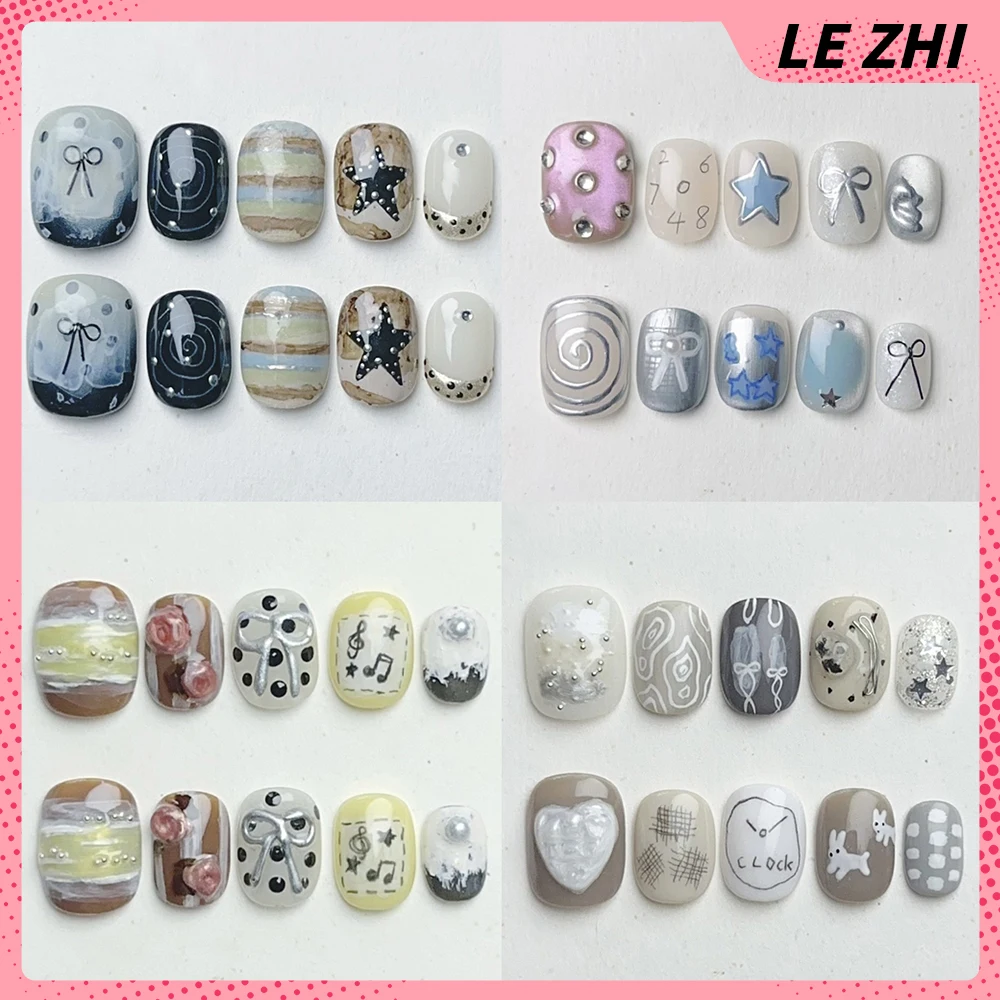 

10Pcs Lovely Short Square Round Handmade Wearable Press On Nails Flower Bowknot Stars Pearl Diamond Full Cover Nails Gifts