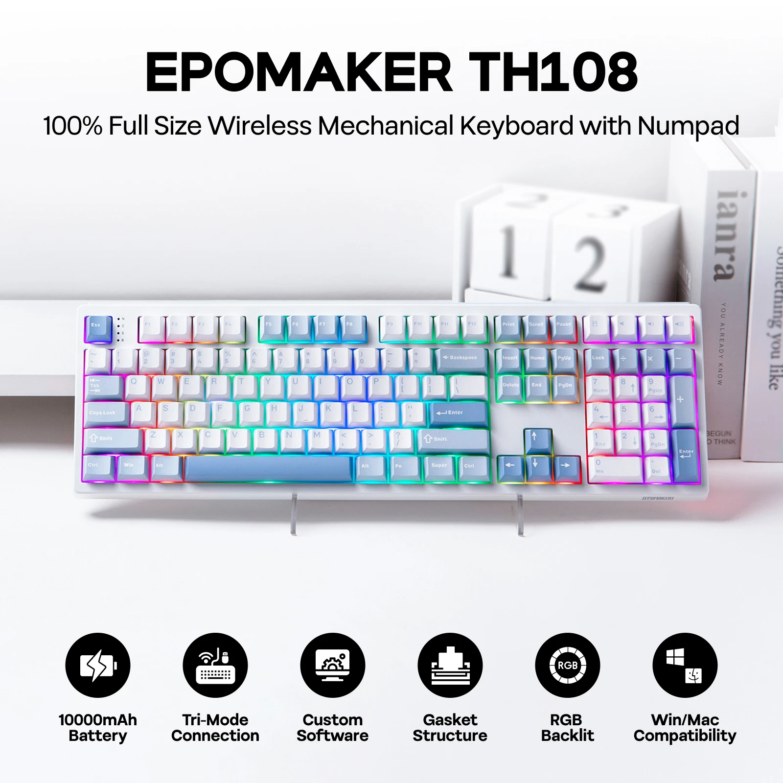 EPOMAKER TH108 100% 풀 사이즈 핫스왑 가스켓 장착 유선/블루투스/2.4Ghz 무선 기계식 키보드(10000mAh 배터리 포함)